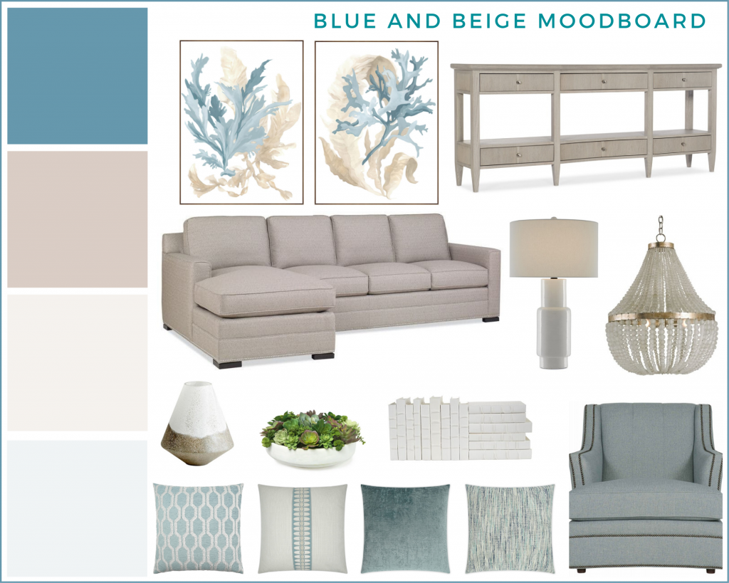 Make your own free moodboard in Canva. Here is a blue and beige moodboard for a living room.