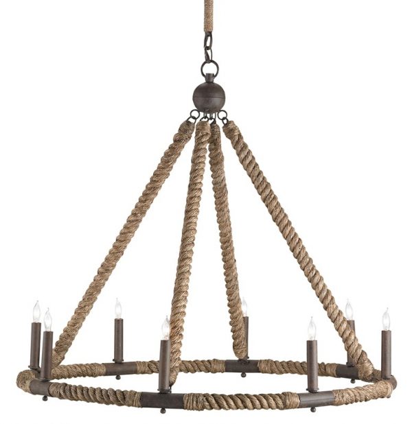 The Bowline coastal chandelier by Currey and Company is wrapped in rope to give beachy vibes.