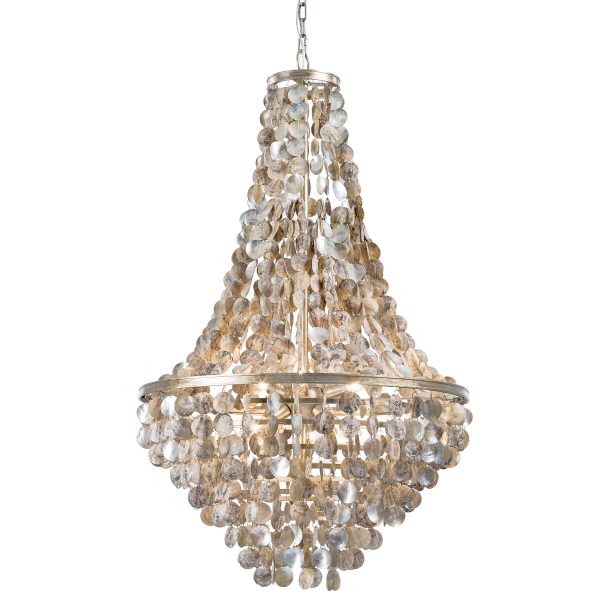 The Capri Abalone Shell chandelier from Regina Andrews is classic coastal thanks to the hand applied shells.