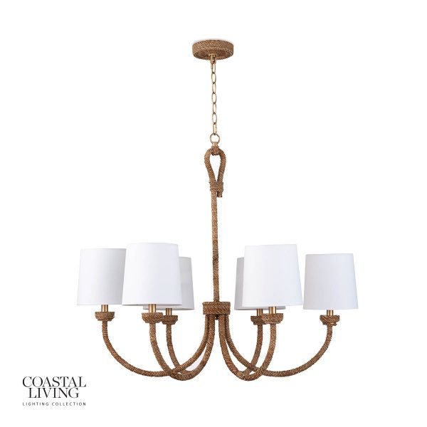 The Bimini coastal chandelier from Regina Andrews gives a subtle nod to coastal design with arms wrapped in rope.  A more traditional style for a coastal chandelier.