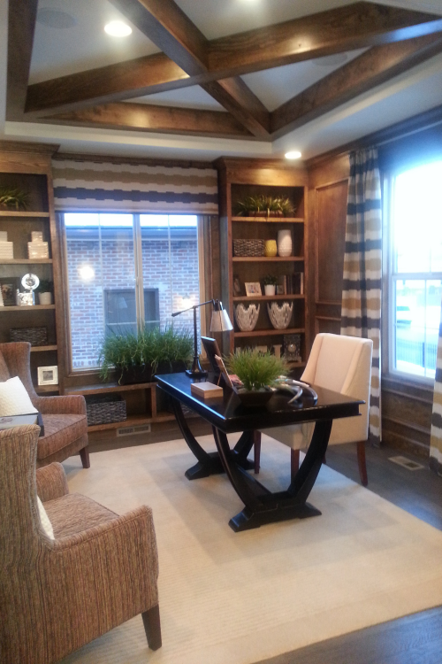 Wood accents and ceiling in a home office