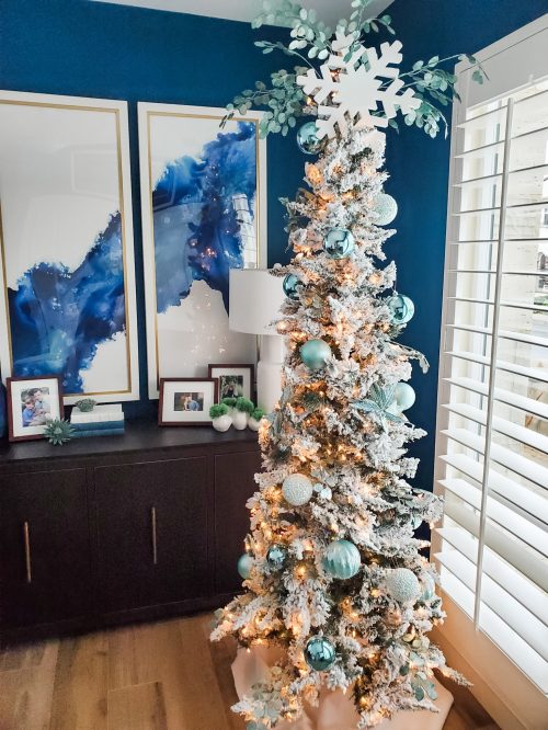 Blue flocked Christmas tree