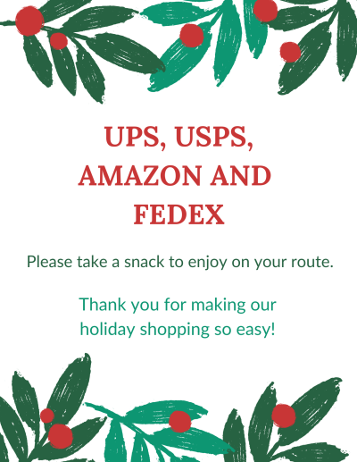 Appreciation note for delivery drivers at the holidays