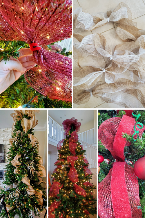 christmas trees decorated with mesh ribbon