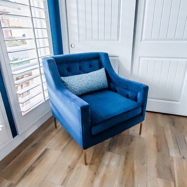 Cozy and bold blue office chair with custom Kravet pillow-Design by Sally Soricelli, Nestorations